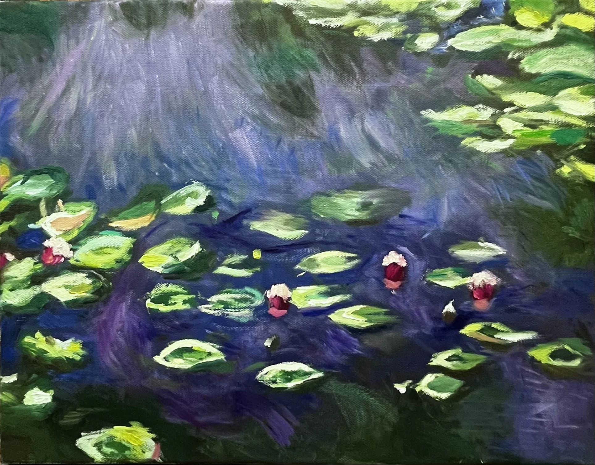 Oil painting of pink water lilies floating on a blue and green pond