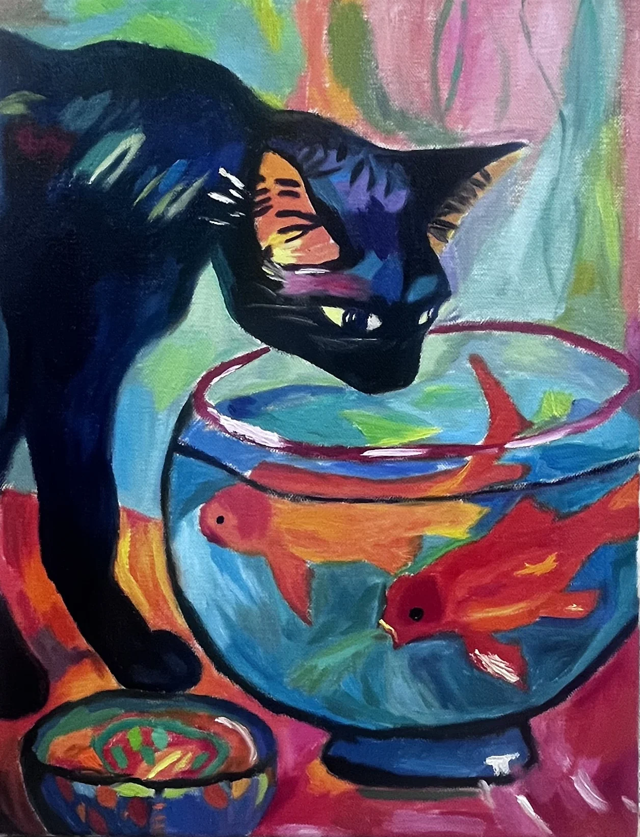 Oil painting of a cat watching fish swim inside a round fishbowl