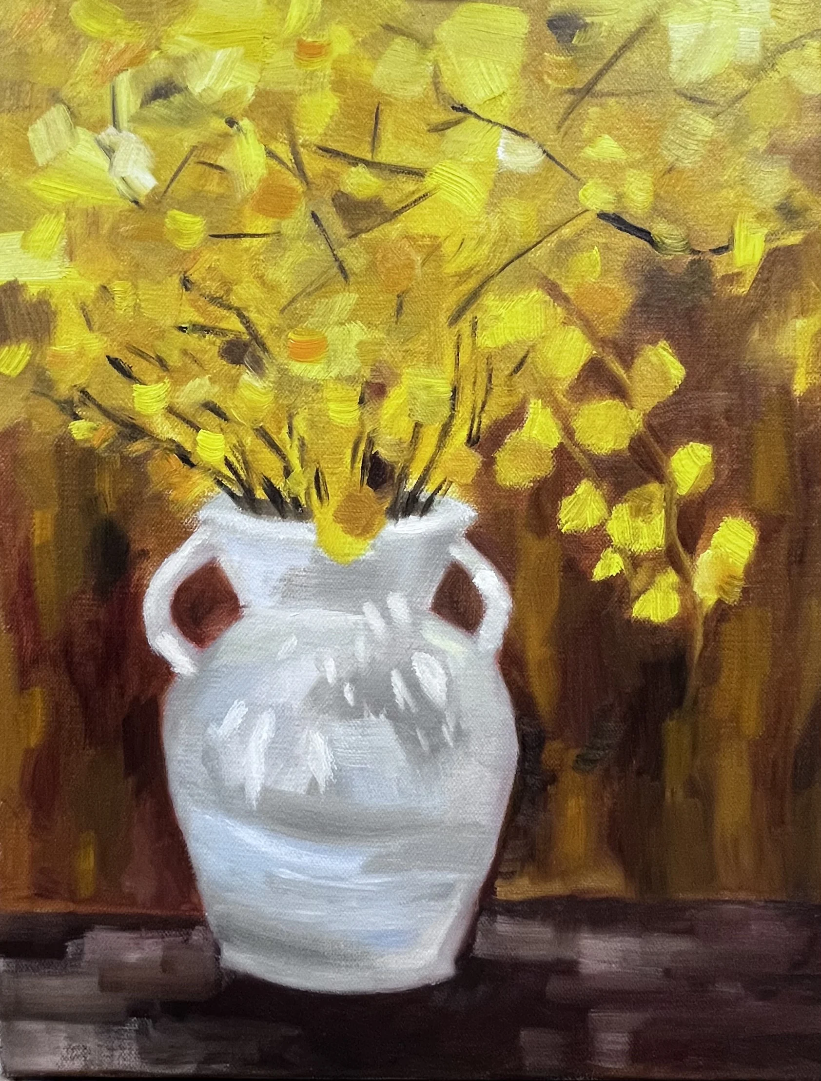 Oil painting of yellow flowers arranged in a blue vase
