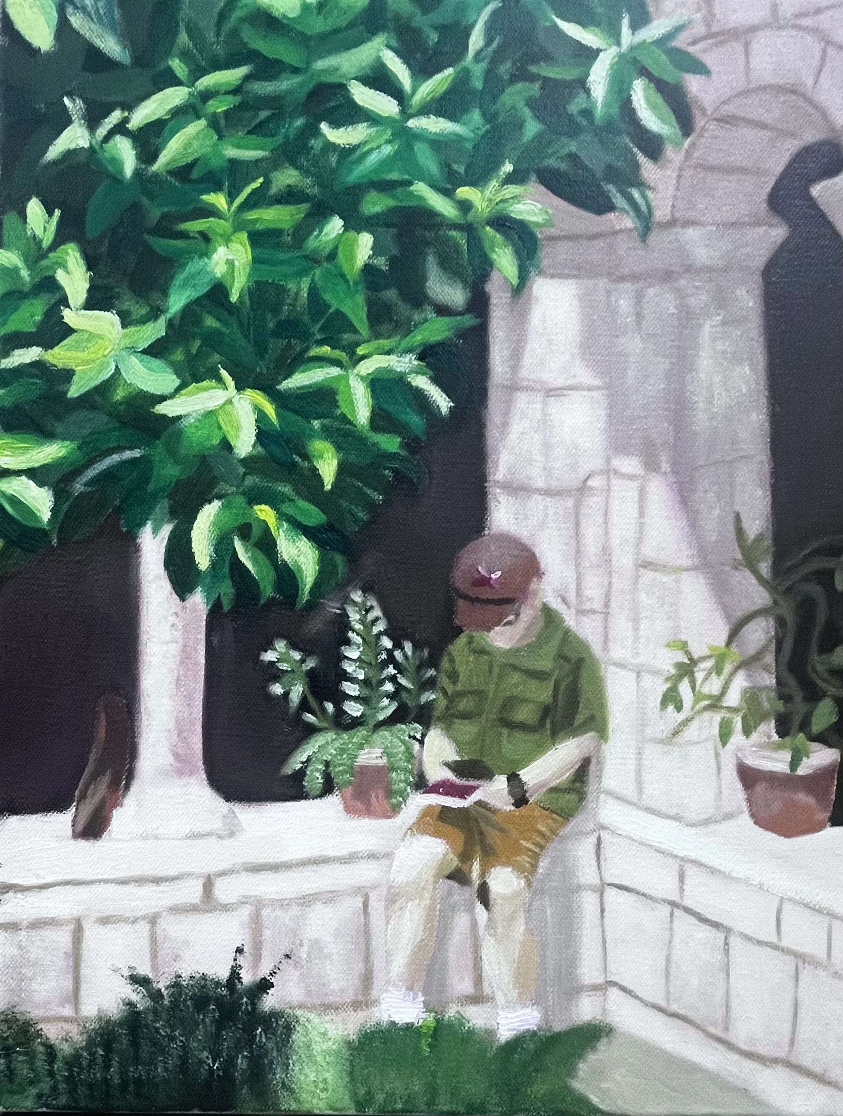 Oil painting of a young man standing beneath stone arches at the Met Cloisters
