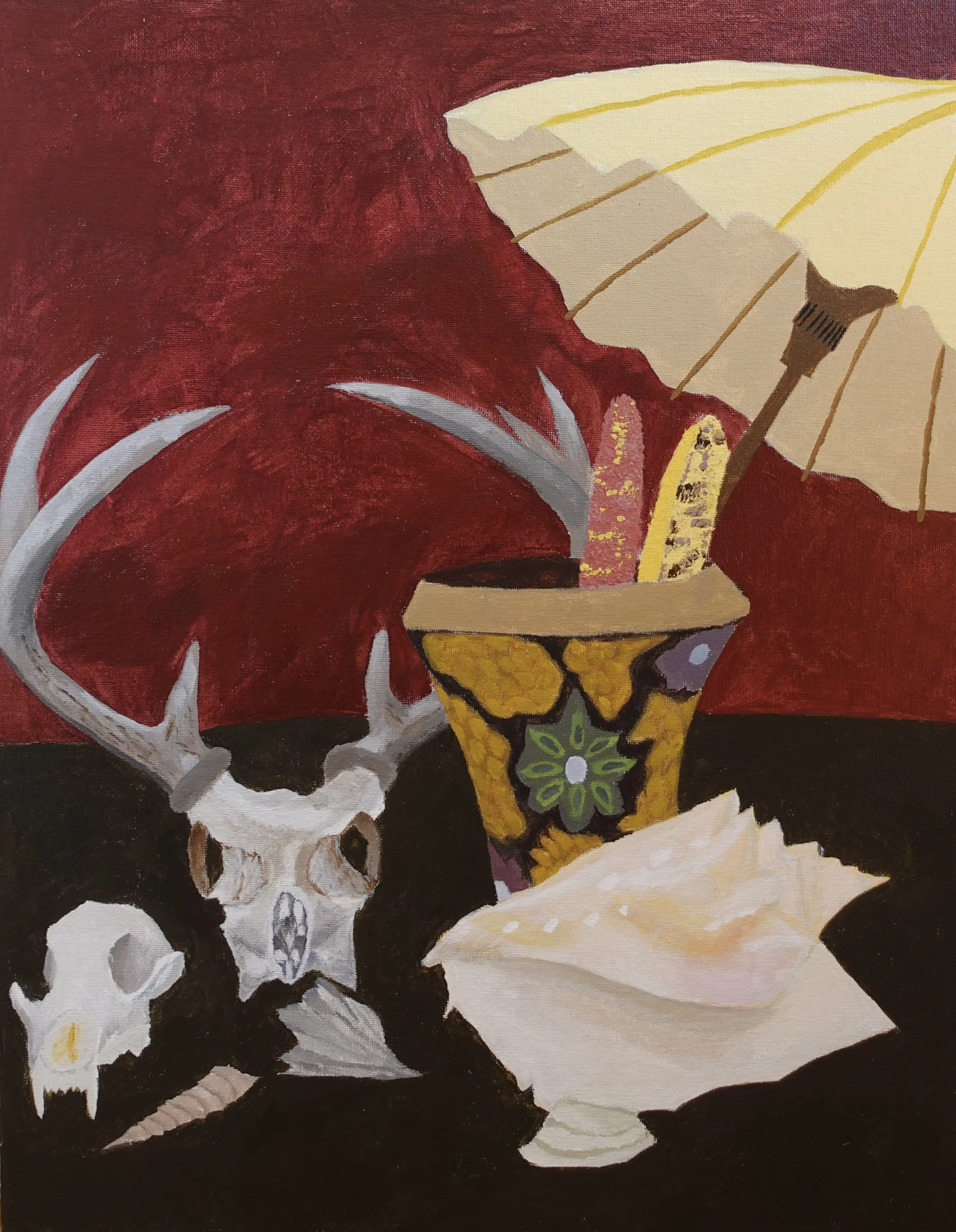 Acrylic still life painting of a skull, umbrella, vessels, and draped fabric