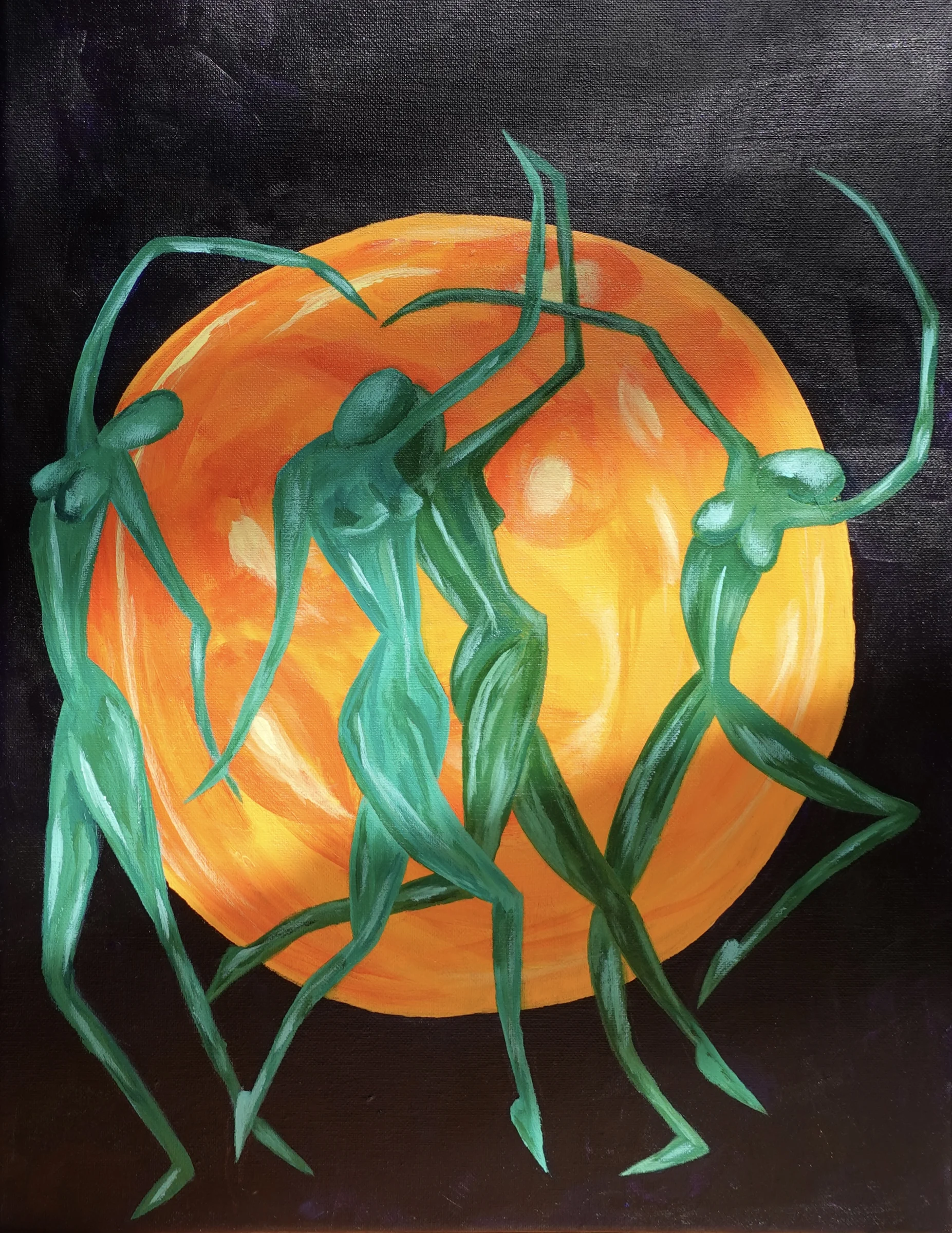 Acrylic painting of colorful alien figures dancing together