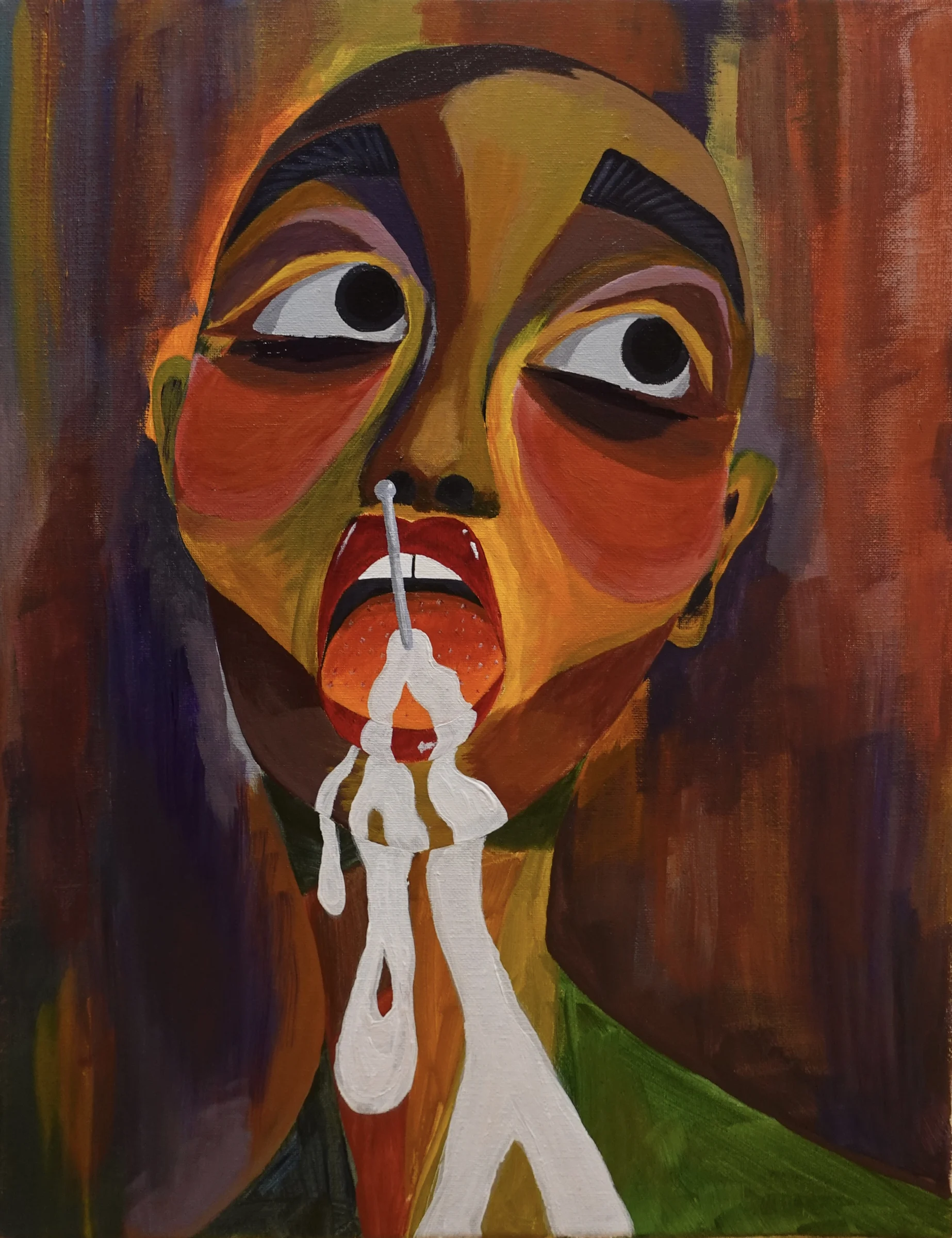 Acrylic portrait of a girl showing a fresh tongue piercing
