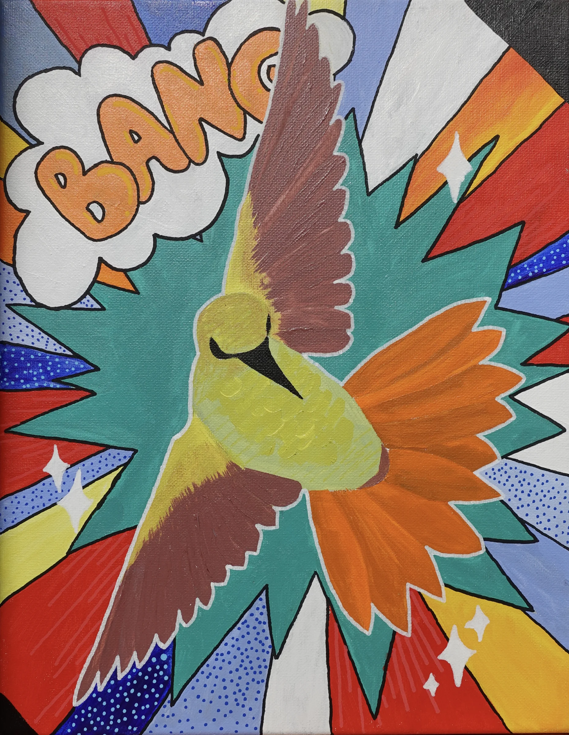 Graphic acrylic painting of a mockingbird with colorful geometric forms