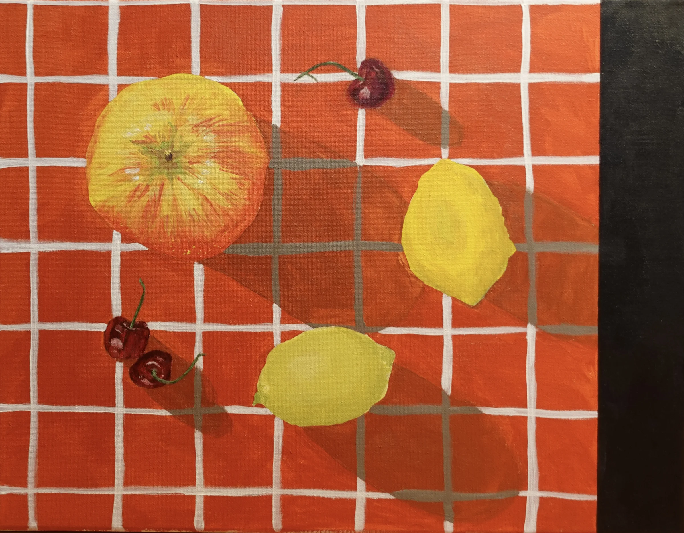 Acrylic still life painting of fruit from a kitchen
