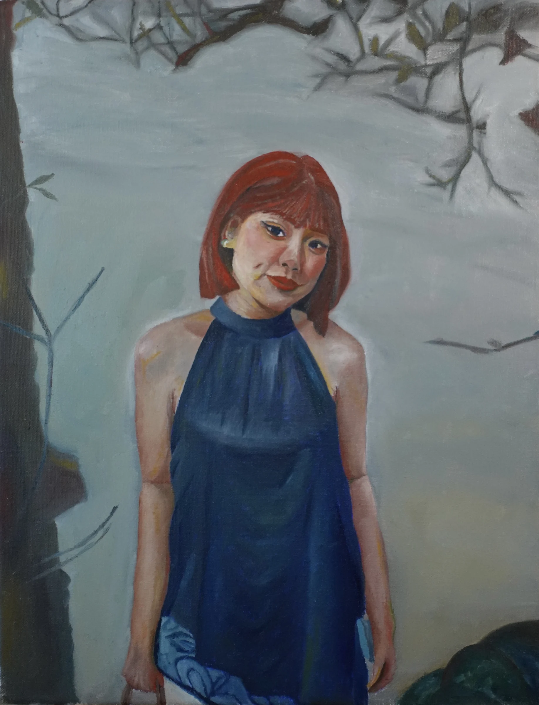 Oil painting of a girl in blue sitting beside a river in Huế, Vietnam