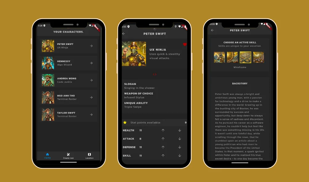 Character Management mobile app screens