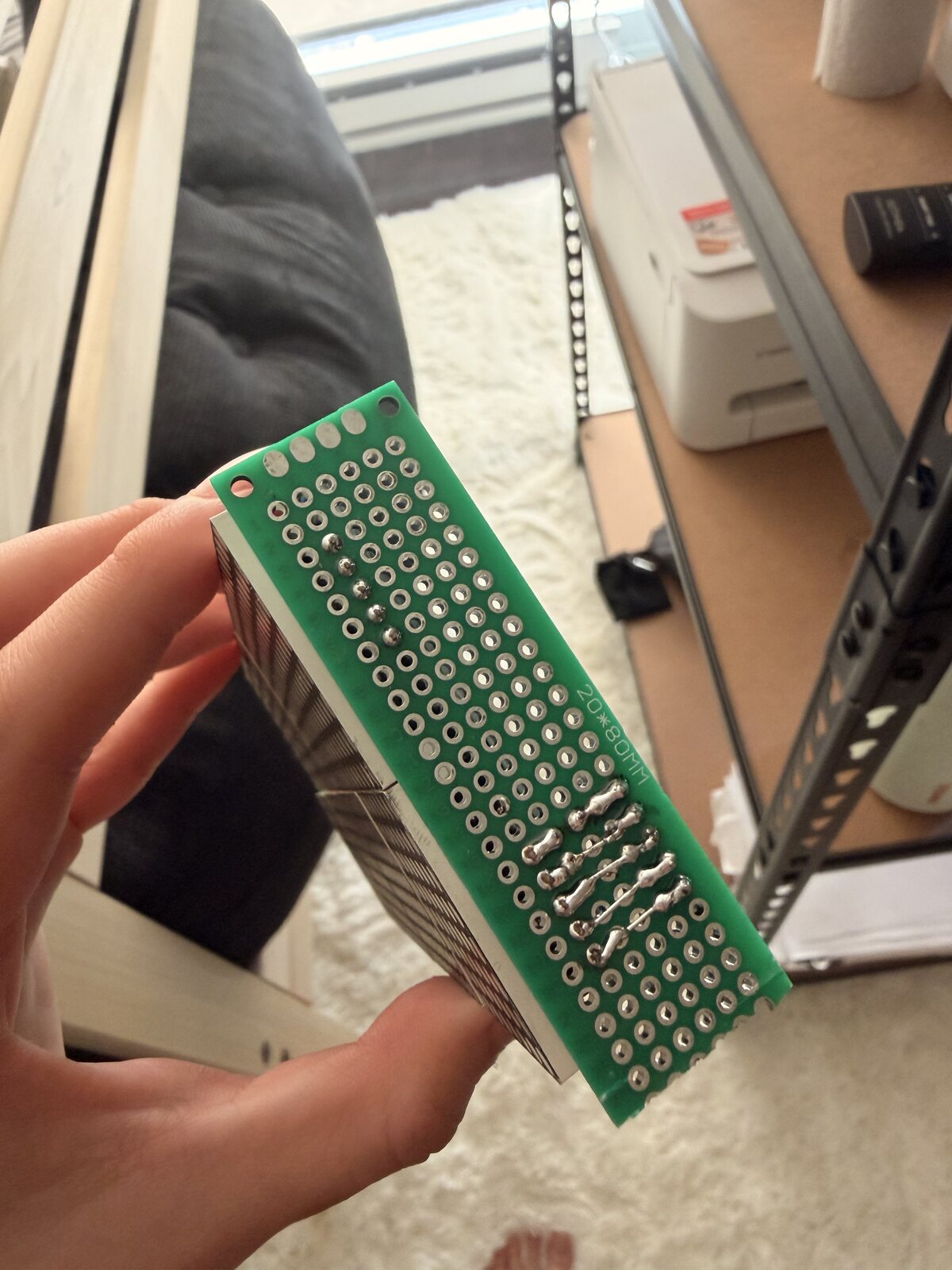 Close-up of the hand-soldered circuit board