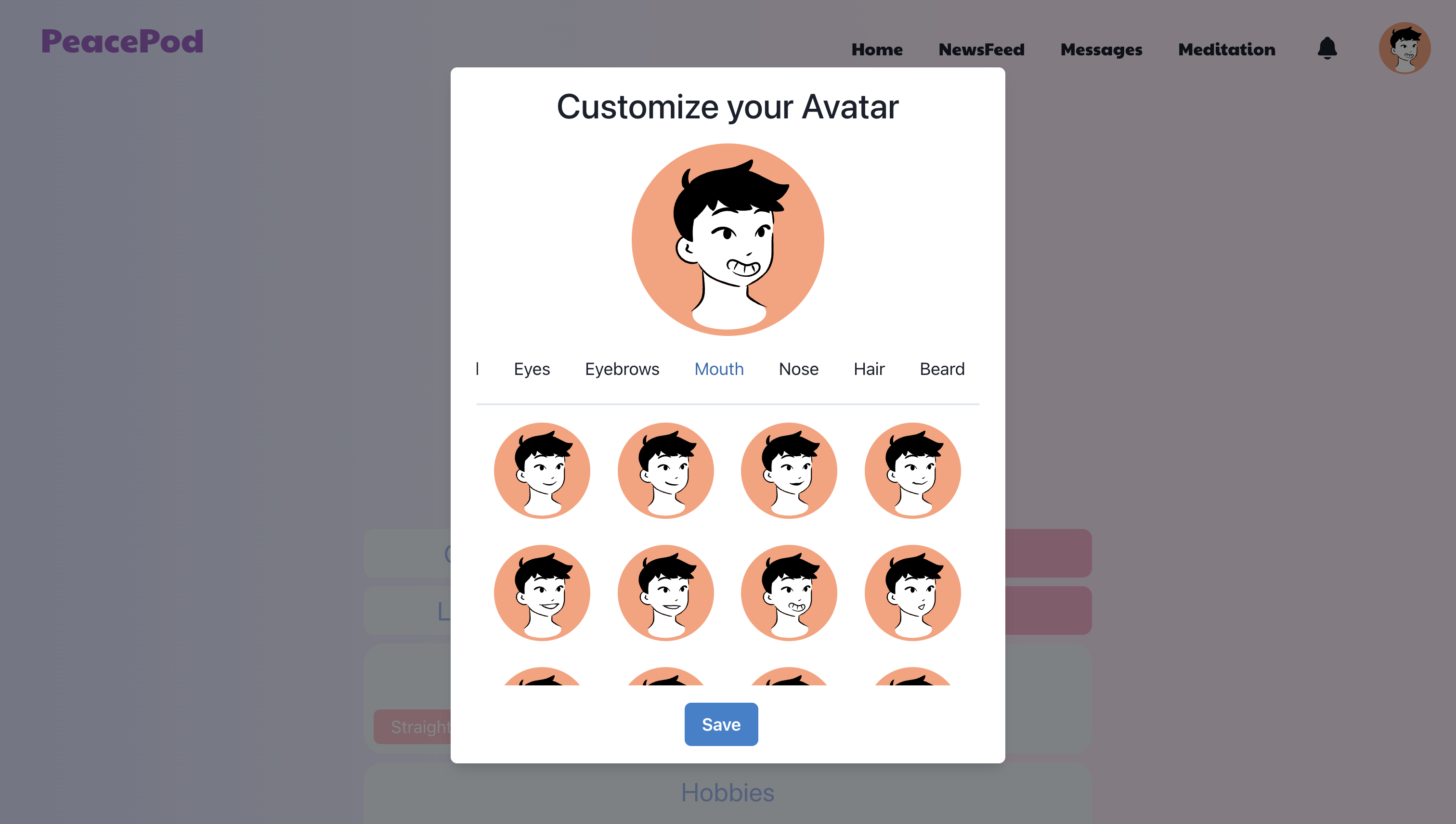 Customizing a character avatar in PeacePod
