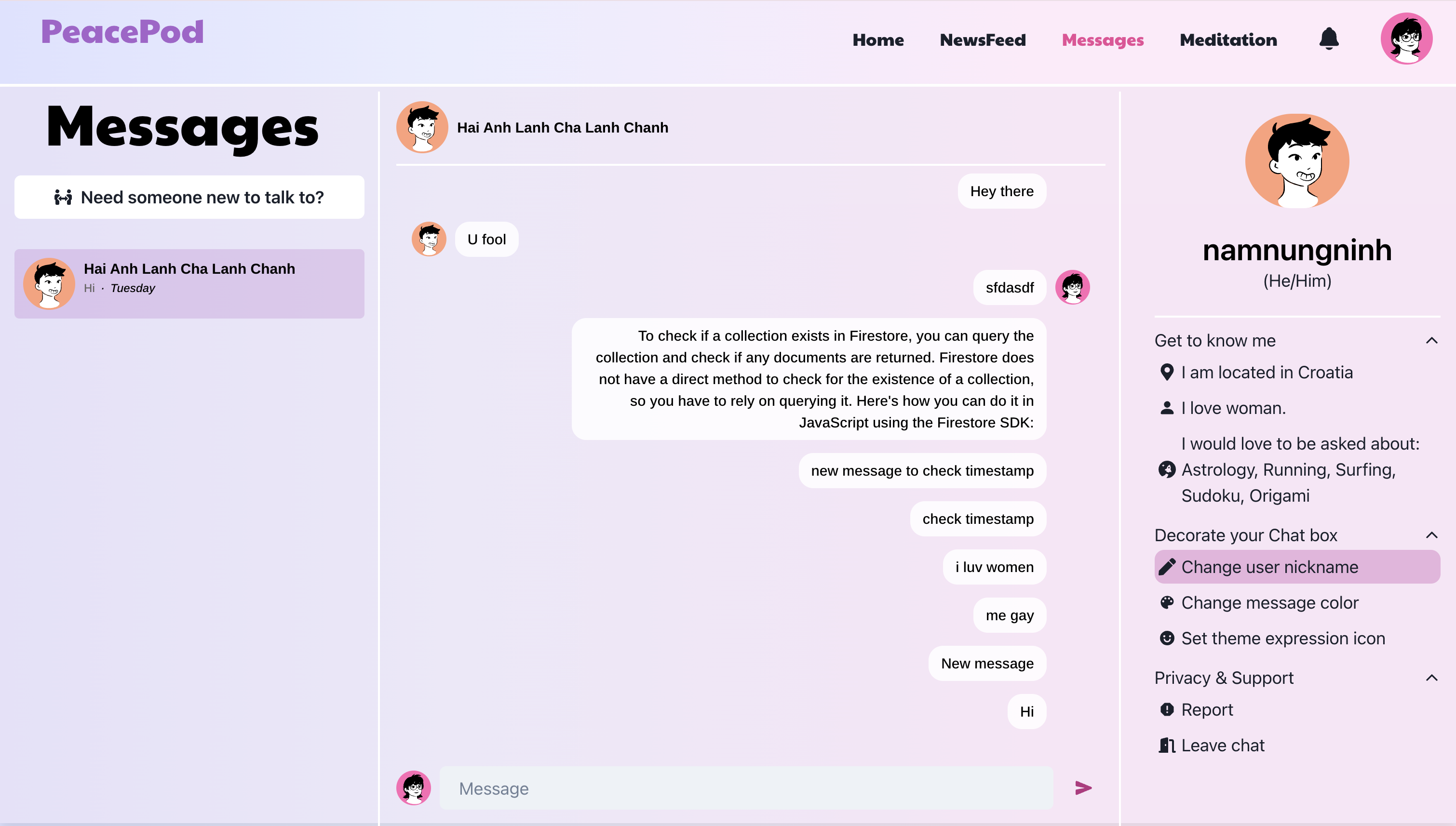 PeacePod real-time chat screen