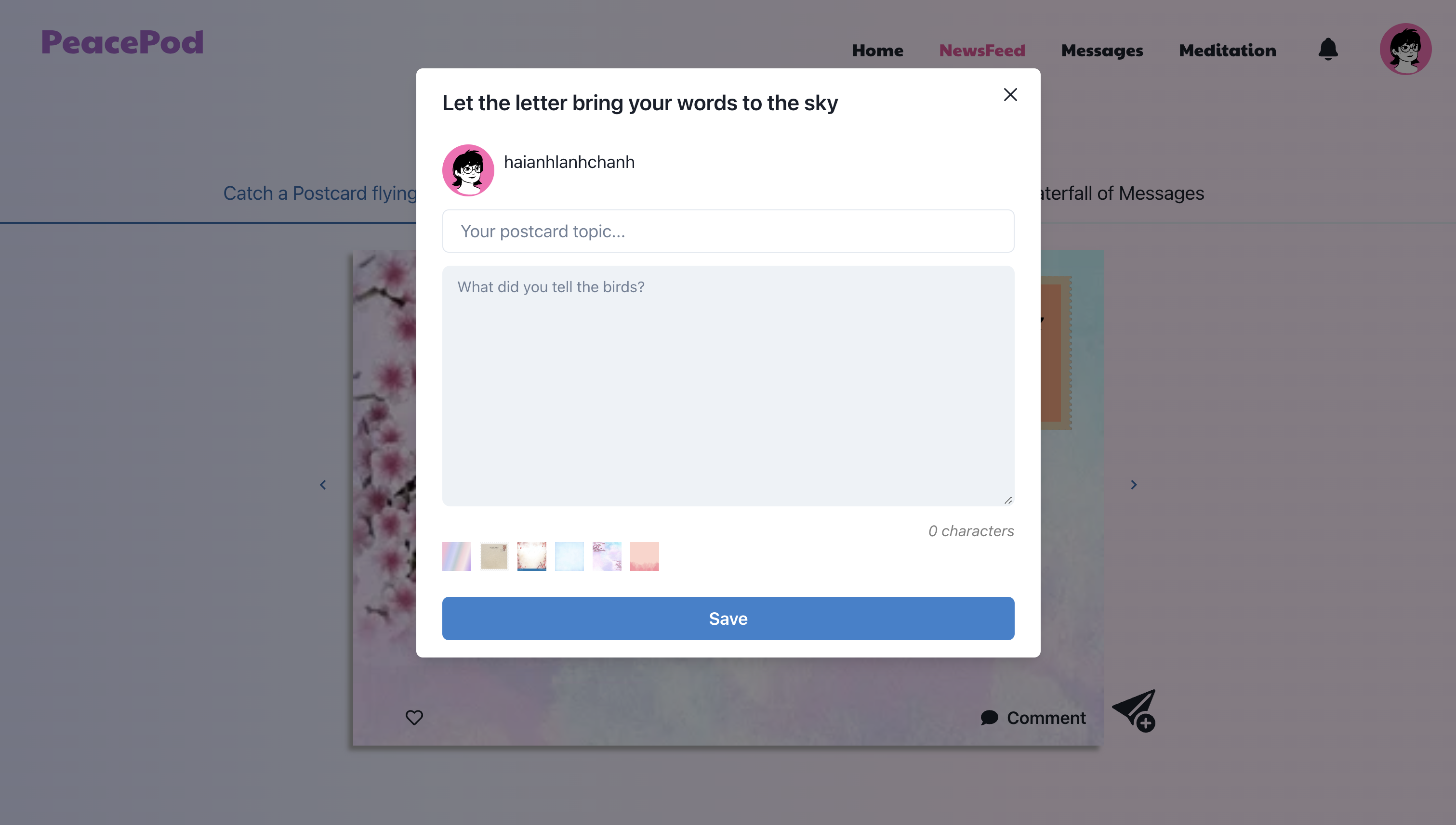Postcards in the PeacePod newsfeed