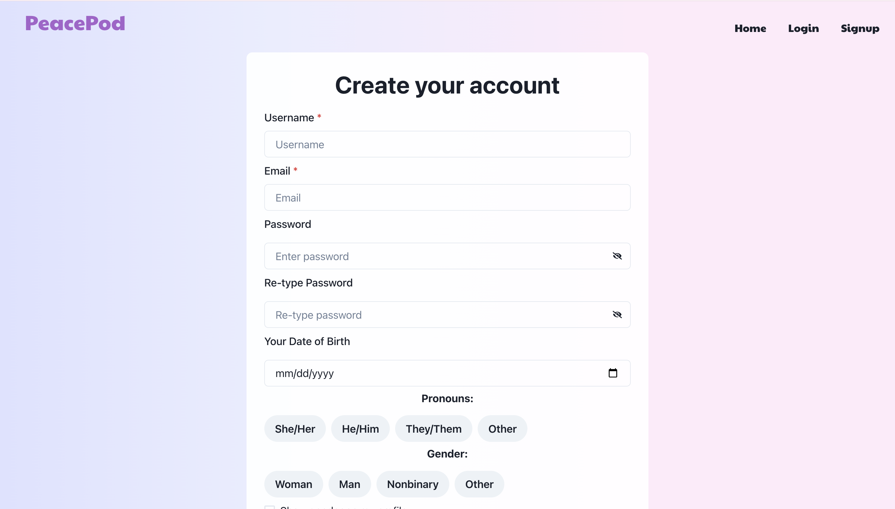 PeacePod create account screen